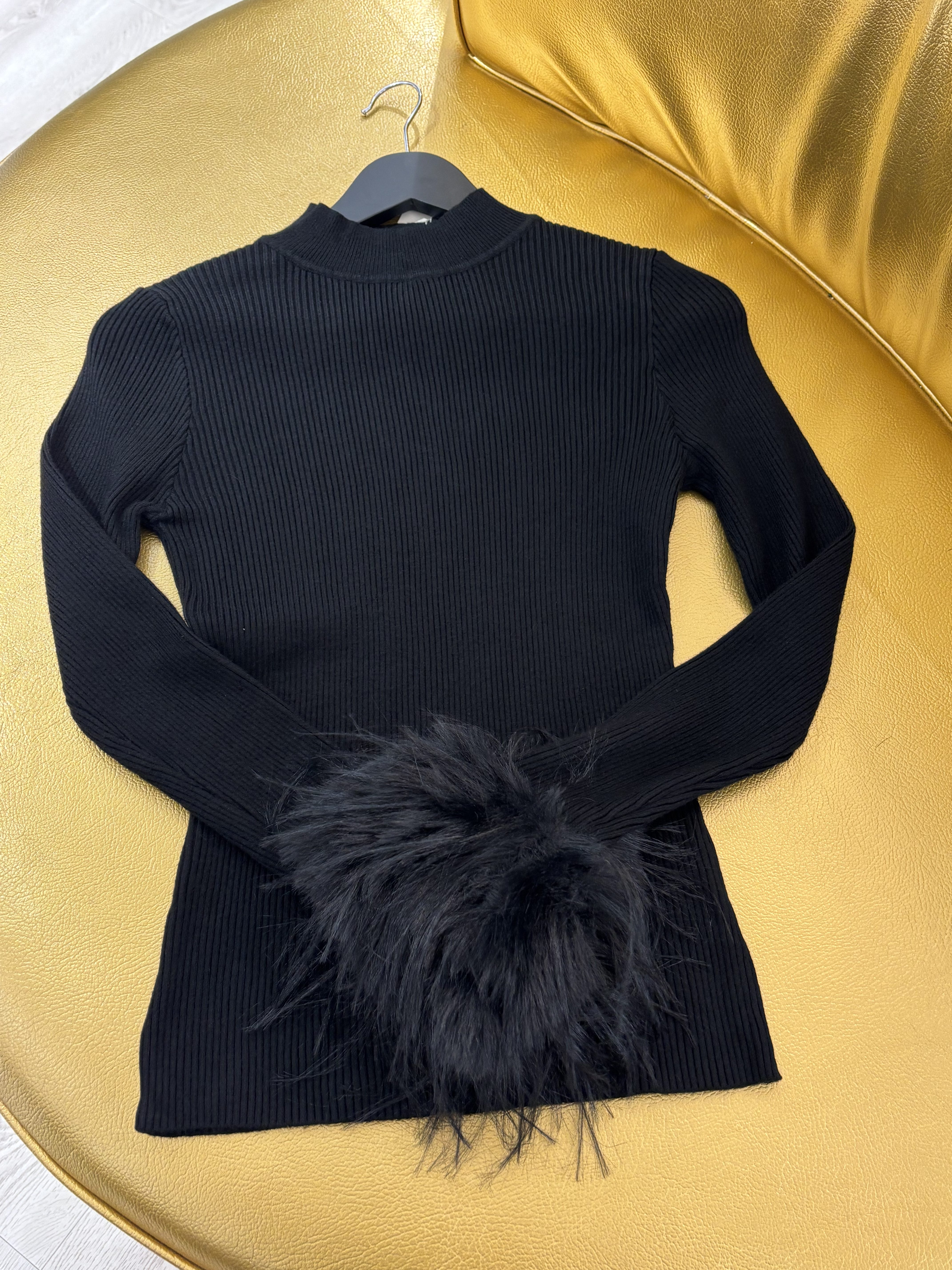 Black Feather Trim Ribbed Top - Image 2