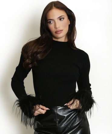Black Feather Trim Ribbed Top