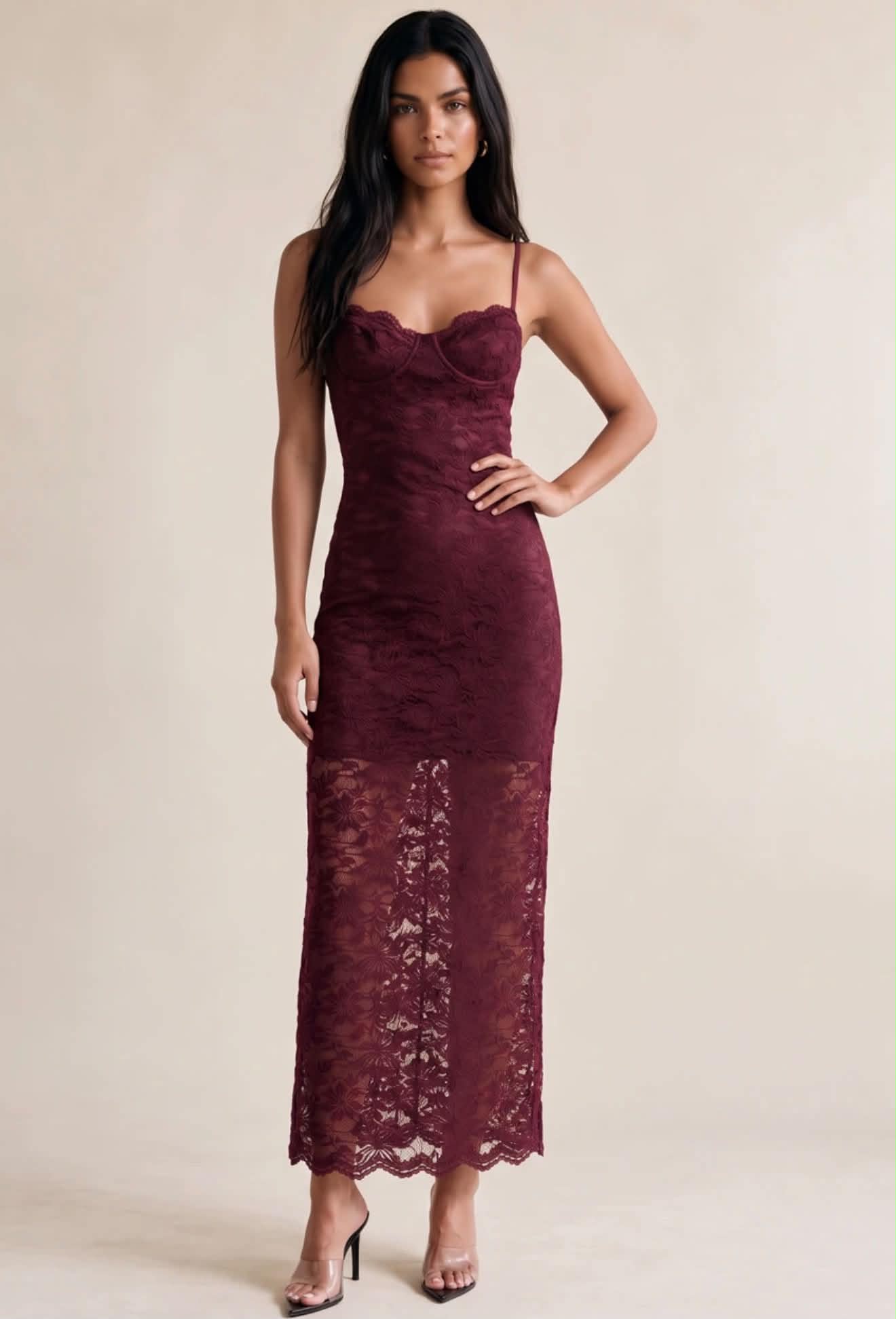 BURGUNDY LACE MAXI DRESS